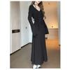 New Girl's V-neck Irregular Dress Autumn Waist Thin Waist Pleated Long-sleeved Lace-up Skirt