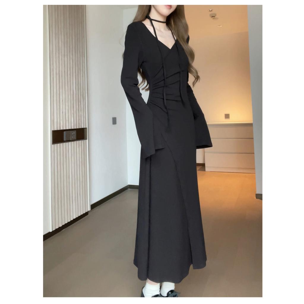 New Girl's V-neck Irregular Dress Autumn Waist Thin Waist Pleated Long-sleeved Lace-up Skirt
