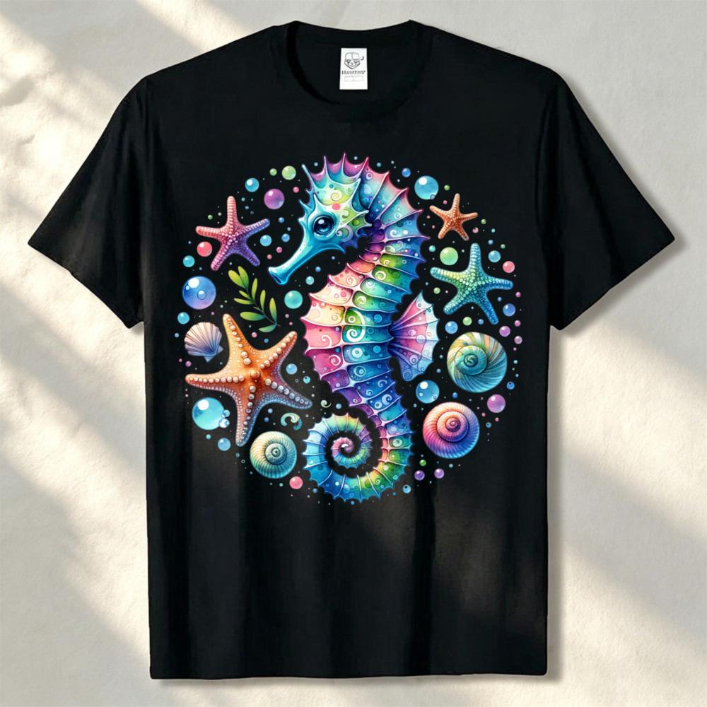 Rainbow Seahorse Starfish Seashell Ocean Graphic Unisex Cotton Tee Beach Sea Life Summer Vacation Casual Basic Apparel Wear Top