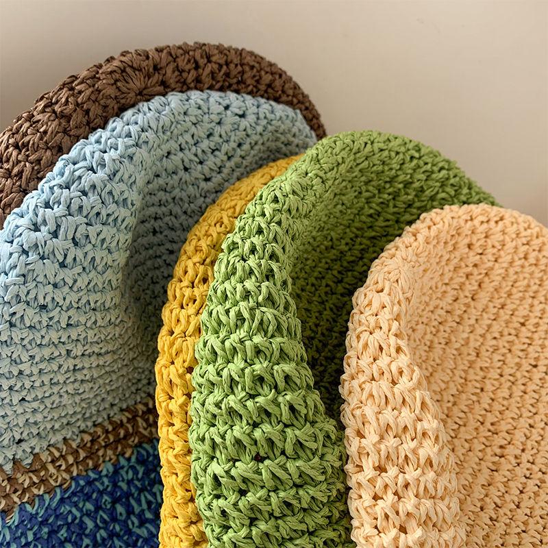 Color Matching Hat Women's Summer Breathable Sunshade Straw Woven Sunscreen Hat Travel Bucket Hat