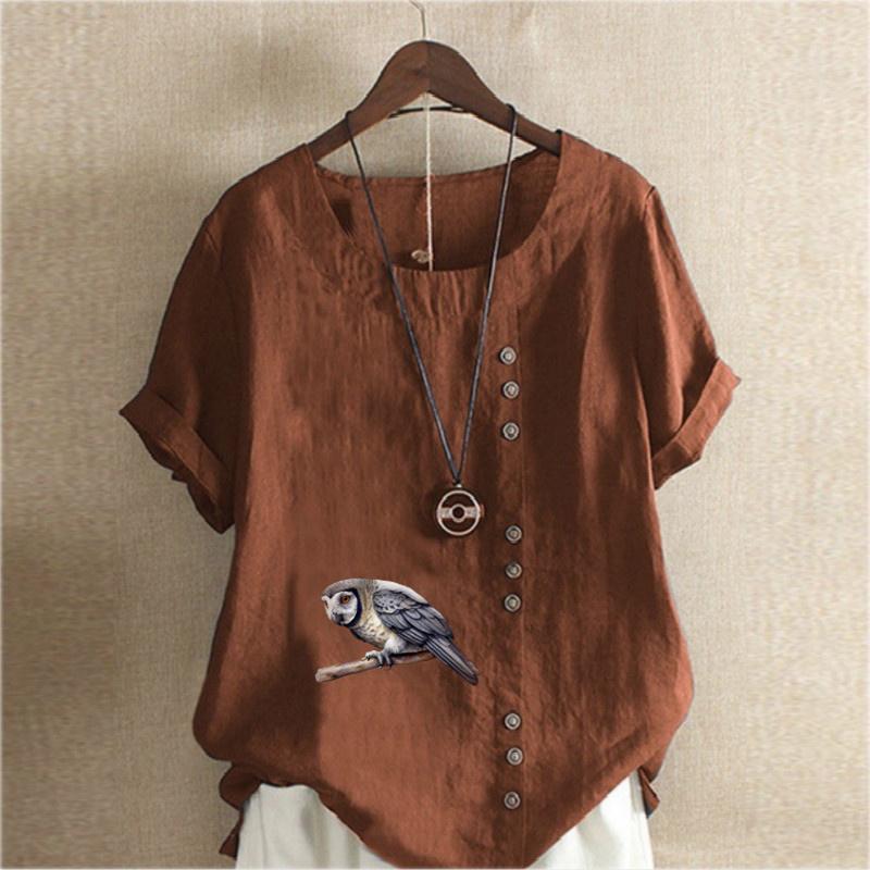 Women's Fashion Round Neck Short Sleeve T-shirt Casual Cotton Linen Graphic Shirt Leisure Loose Owl Prined Summer Blouse Tops