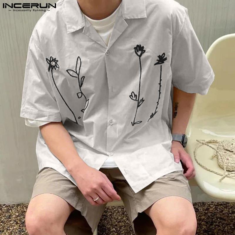 

INCERUN Summer Men Lapel Neck Short Sleeve Embroidery Casual Loose Shirts 4XL светло-серый