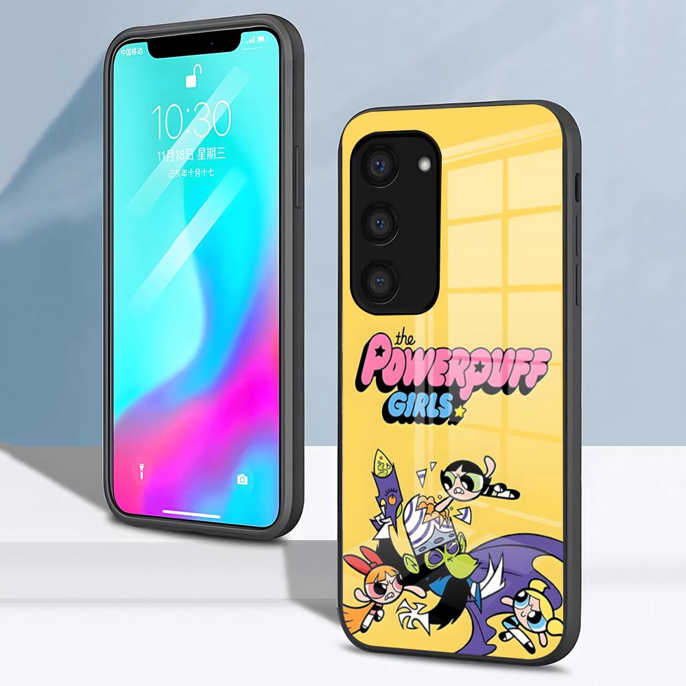 The P-Powerpuff Girls Cute Phone Case For Samsung S26 S25 S24 FE S23 S22 S21 Plus S20 Ultra Note20Ultra Black Glass Cover