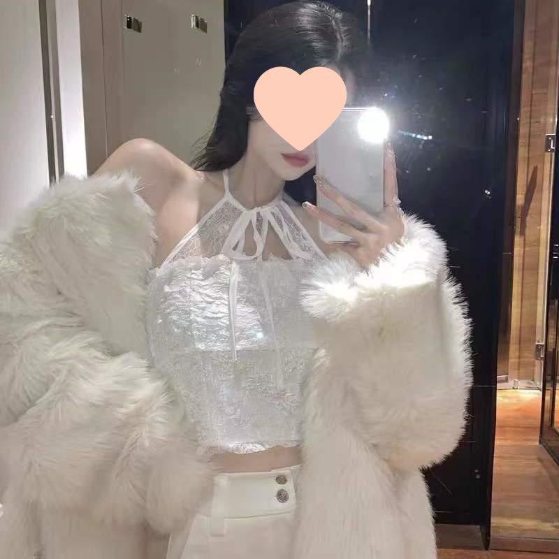 Women's White Lace Halter Camisole - Winter Short Outwear Sexy Base Layer Top