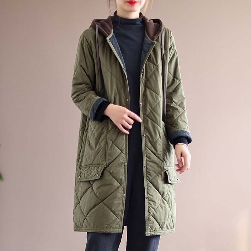 Prošívaná volná bavlněná bunda s kosočtvercovým vzorem dámská s kapucí teplá parka patchworkový design ležérní styl Harajuku na dojíždění jaro a podzim