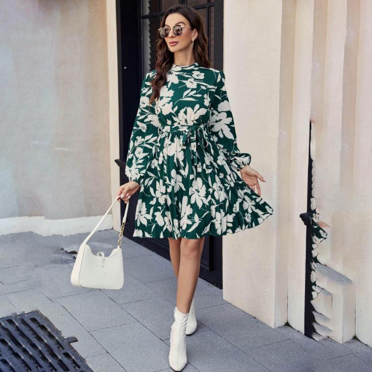 Summer Floral Casual Women Short Dress Round Neck Full Sleeve Fashion Printed