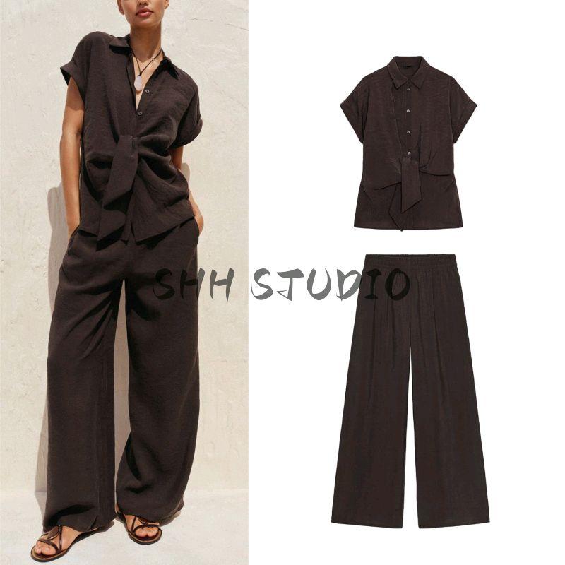 Front Bow Tie Short Sleeve V-neck Casual Shirt 2298161 High Waist Wide Elastic Waist Pants 1165608