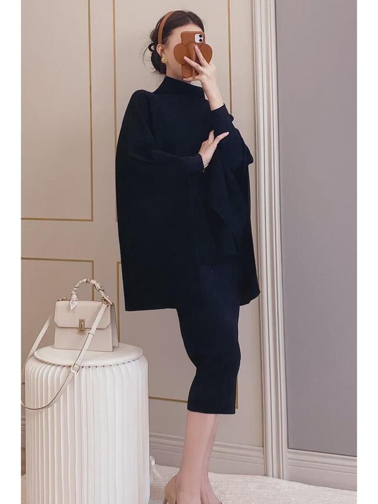Women's Wool Blend Cape: Turtleneck Sweater Coat with Bat Sleeves - Cos Style for Autumn/Winter