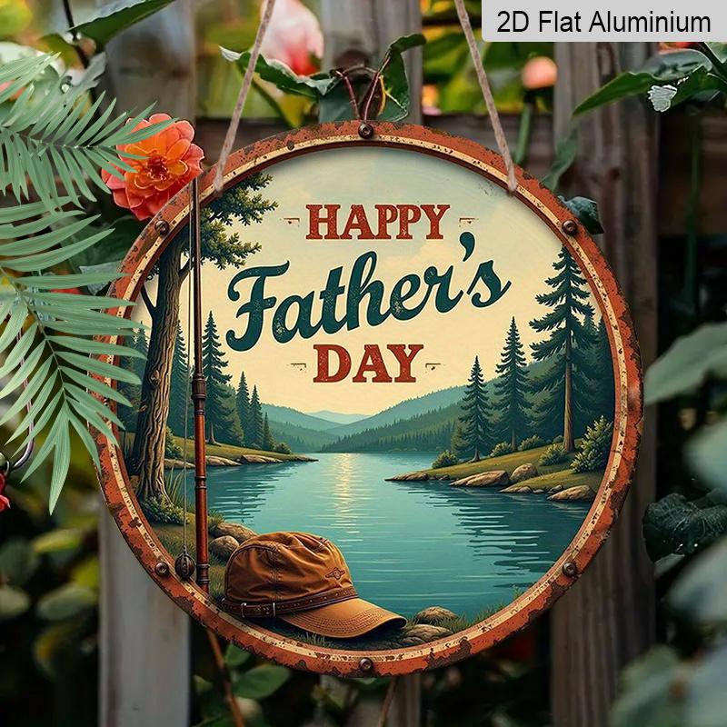 2D Flat, 1pc Vintage "Happy Father's Day" Metal Aluminum Sign - Rustic Fishing Lake & Pine Forest Wall Decor with Happy Fisherman, Durable Aluminum