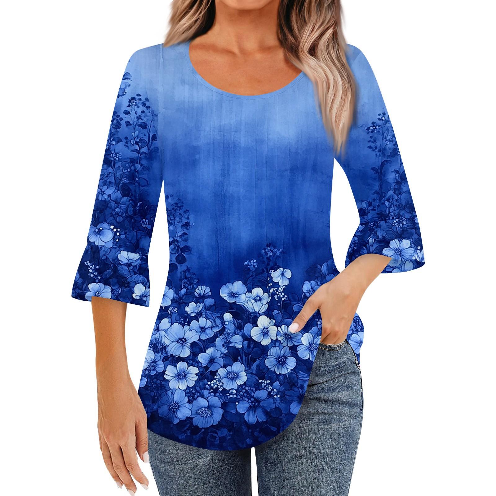 

Женская модная повседневная плиссированная футболка с круглым вырезом и цветочным принтом, рукав три четверти XL небесно-голубой
