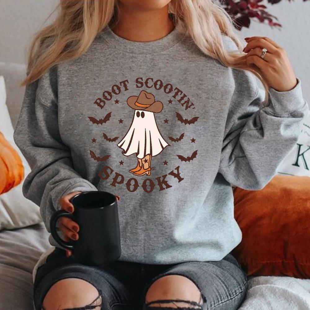 Boot Scootin Spooky Sweatshirt Halloween Hoodie Cowboy Ghost Women Sweatshirts Cute Spooky Pullover Halloween Gift