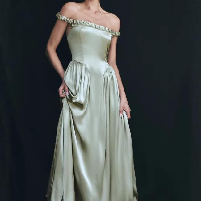 European and American Shrink Pleated Waist A Pendulum Net Color Satin Dress 2026 New High Waist Slim Dress Long Dress