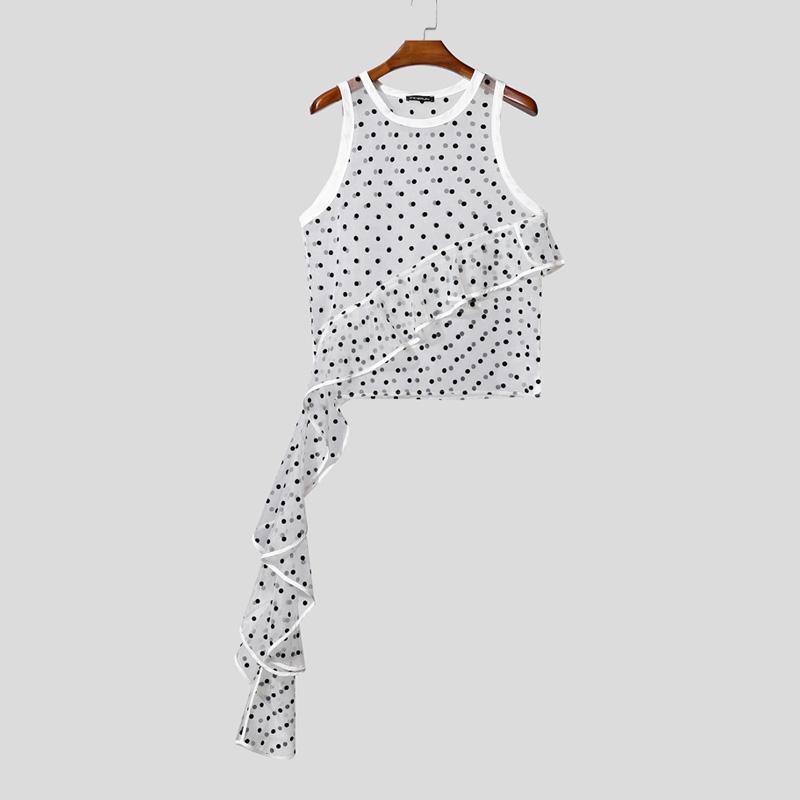INCERUN Men Sleeveless See Through Mesh Sheer Ruffled Polka Dot Tank Tops