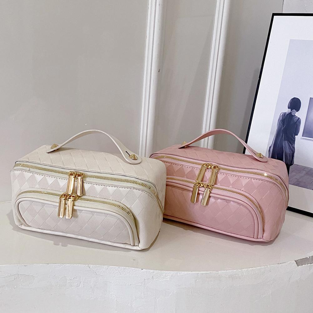 Women Makeup Organizer Bag PU Leather Makeup Storage Handbag Diamond Lattice Large Opening Makeup Bag for Home Business Trip