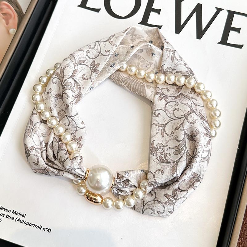 Simple magnetic buckle pearl long silk scarf women's spring and autumn scarf summer printing decorative scarf versatile thin neck protector