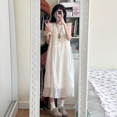 French Gentle Wind Temperament Dress Women's Summer New Sweet Flying Sleeves Loose and Thin Solid Color A-shaped Skirt