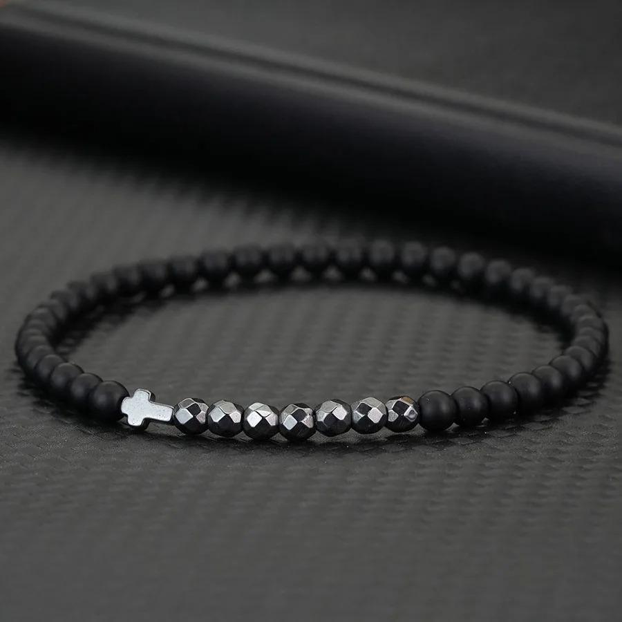 

Minimalism 4mm Small Beads Bracelet Men Women Natural Hematite Turquoises Volcanic Cross Stone Pray Braclet Healing Couple Joias