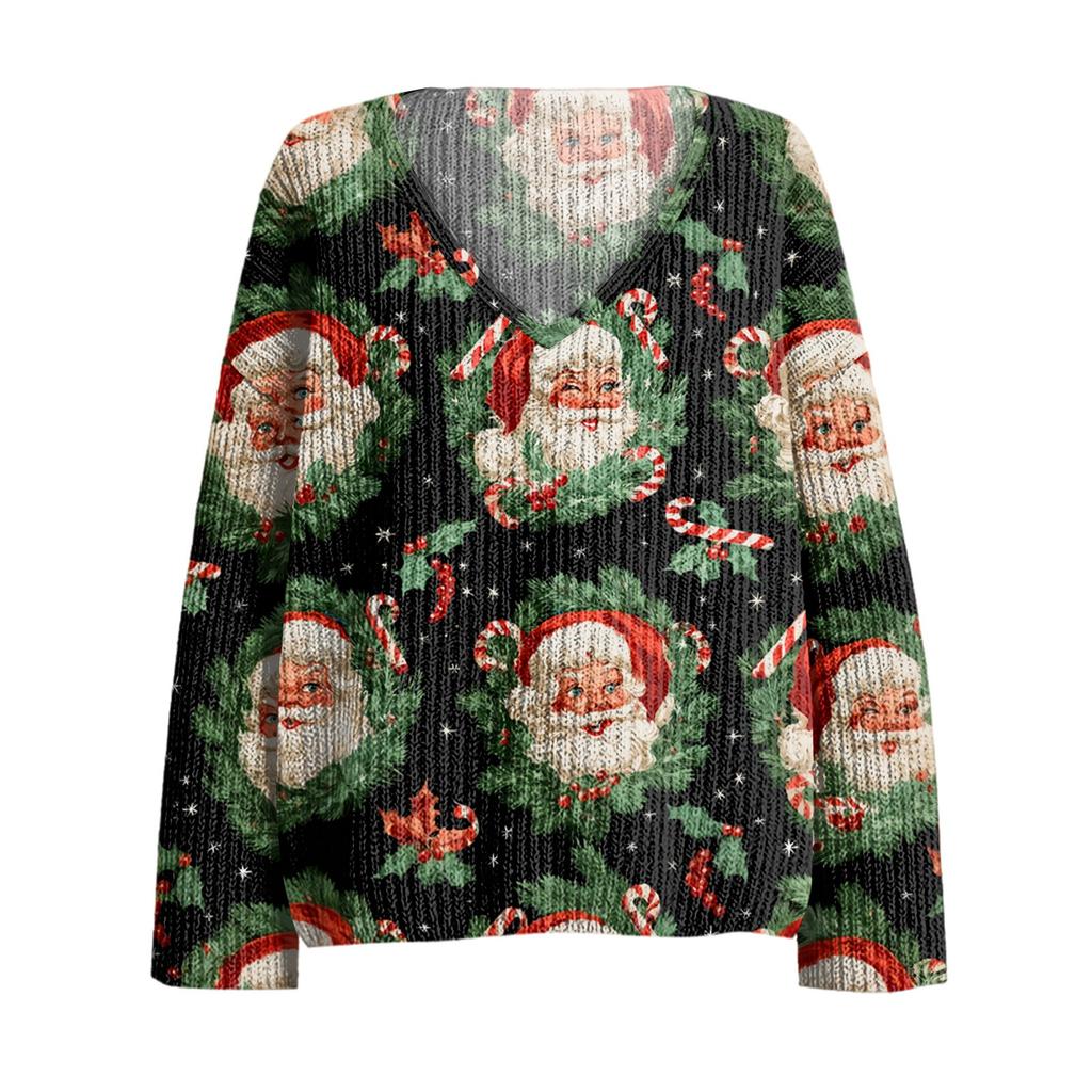 Women's Casual V-Neck Long Sleeve Knitted Christmas Print Pullover