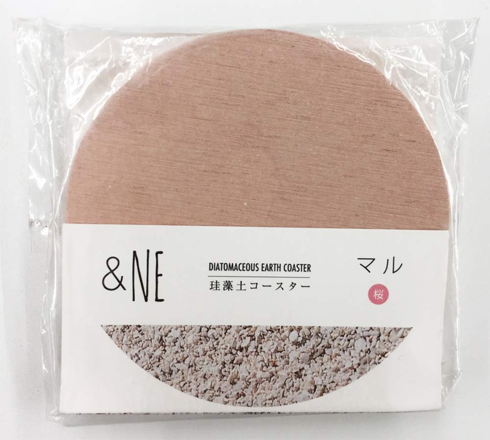 &NE Diatomaceous Earth Coaster, Round, Cherry Blossom Design, Pink, 1 piece, 9cm diameter x 1cm thick, Asbestos-free, Water-absorbent, Quick-drying,