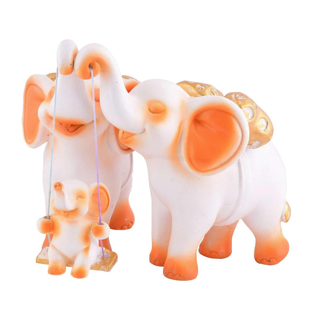 Resin Elephant Showpiece For Home Decoration Item, Table Décor, White & Orange