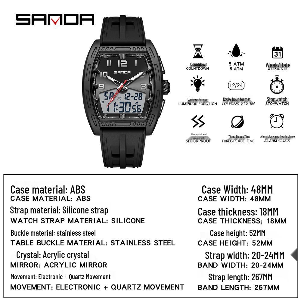 SANDA Men's Waterproof Luminous Sports Watch - Countdown & Multifunctional Barrel-Shaped Electronic Watch with Large Dial