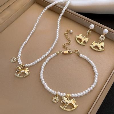Pony New Year Horse Earrings Pearl Fashion Jewelry Zircon Horse Pendant Necklace Cartoon Rhinestone Drop Earrings New Year Gift