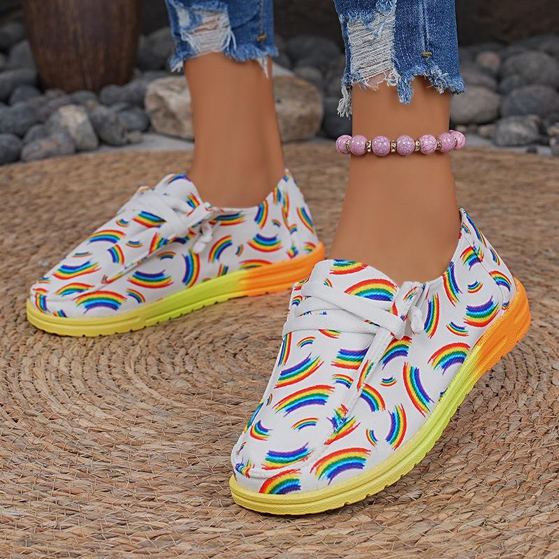 2025 New Plus-size Lace-up Color Low-top Shoes Women's Ethnic Style Graffiti Lazy Canvas Flat Shoes