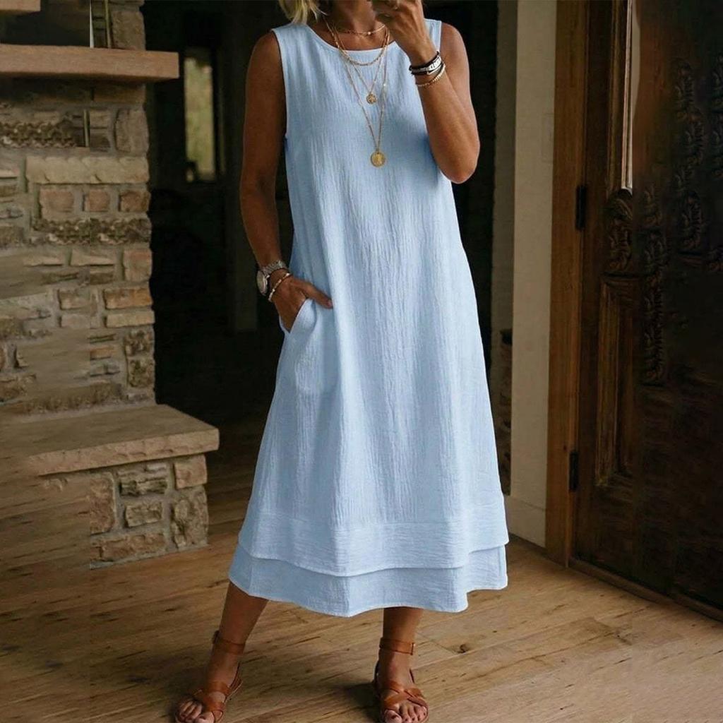 Ladies' Fashionable Casual Cotton And Linen Round Neck Sleeveless Dress