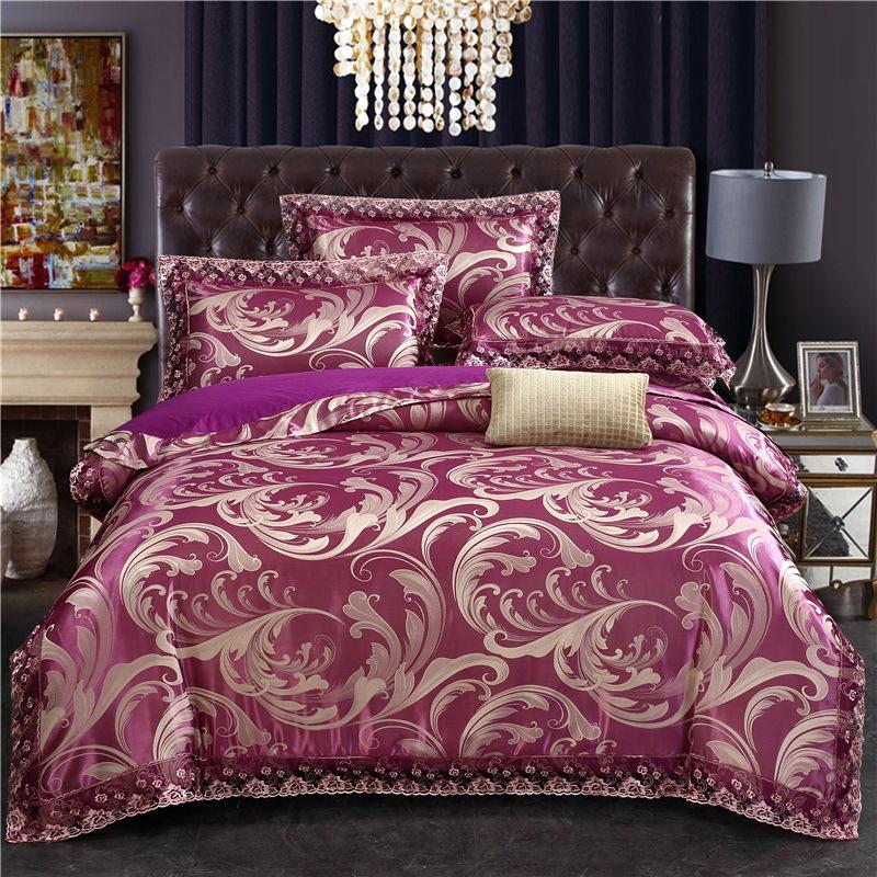 European Satin Jacquard Bedding Set - Lace-Trimmed, 4-Piece Set