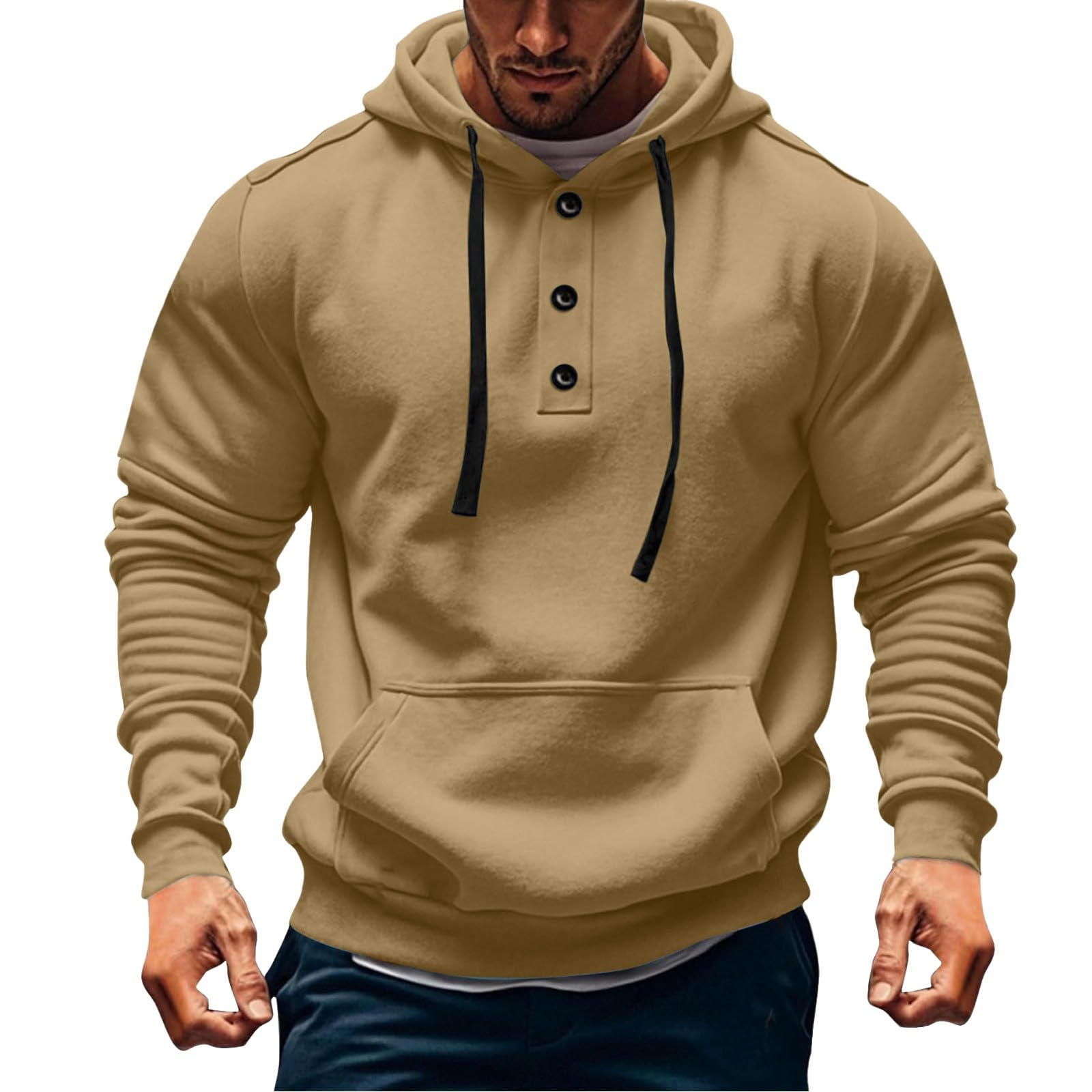 

Mens Hoodies Vintage Casual Quarter Button Up Hooded Workout Sweatshirts Fall Winter Pullover Hoody M верблюд