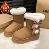 Slip-on Round Toe Winter Snow Boots Mid Heel Solid 2025 New Ladies Shoes Ankle Flat with Sewing Butterfly-knot Women's Boots
