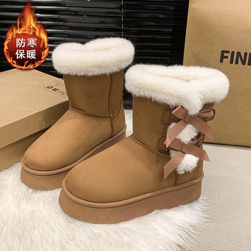 Slip-on Round Toe Winter Snow Boots Mid Heel Solid 2025 New Ladies Shoes Ankle Flat with Sewing Butterfly-knot Women's Boots