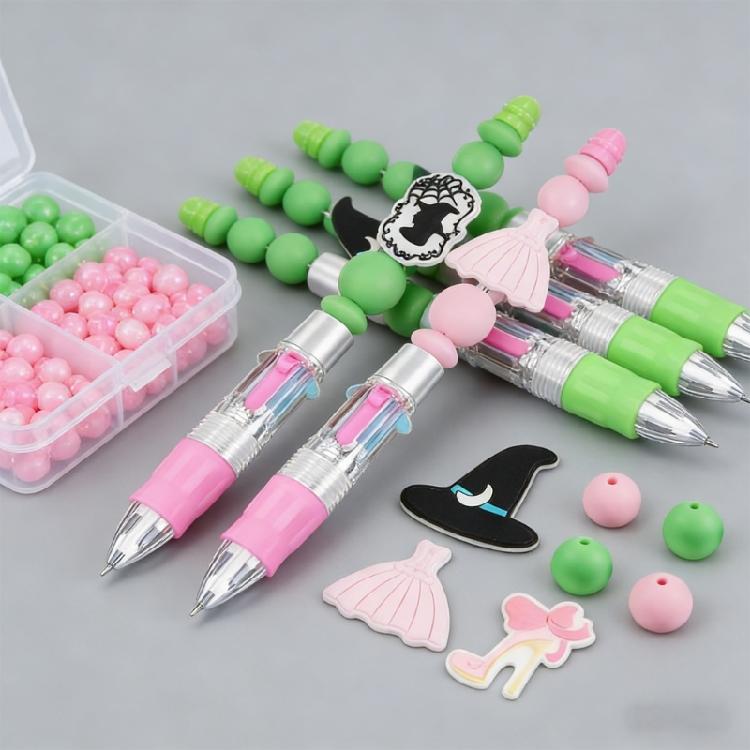12Pcs Witch Princess Beadable Multicolor Pen 4-Color-in-1 Multicolored Ballpoint Pen for Children School Craft Project