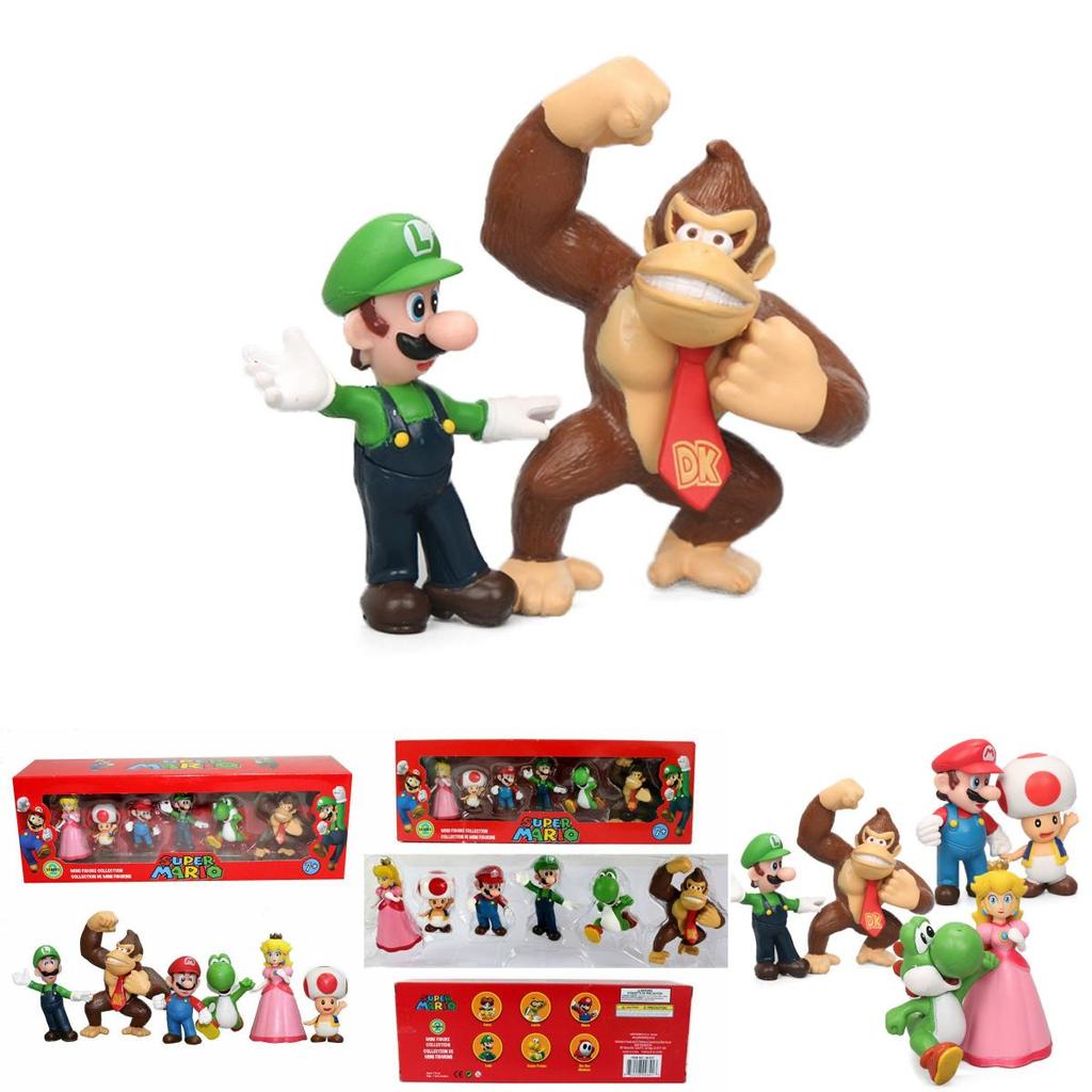Set di 6 Action Figure Giocattolo di Super Mario Bros con Luigi, Yoshi e Funghi Collezionabili per Bambini