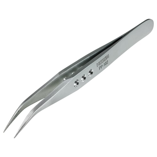 

HOZAN Tweezers, Thick Finish, 2.8mm Plate Thickness, 125mm Total Length, 8mm Opening Width, 0.6mm Tip Width, Curved Tip, PP-102