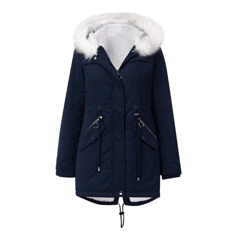 European Size Women's Cotton-padded Coat White Fur Collar Parka Medium and Long Hooded Winter Warm Fleece Coat Women's Cotton-padded Coat