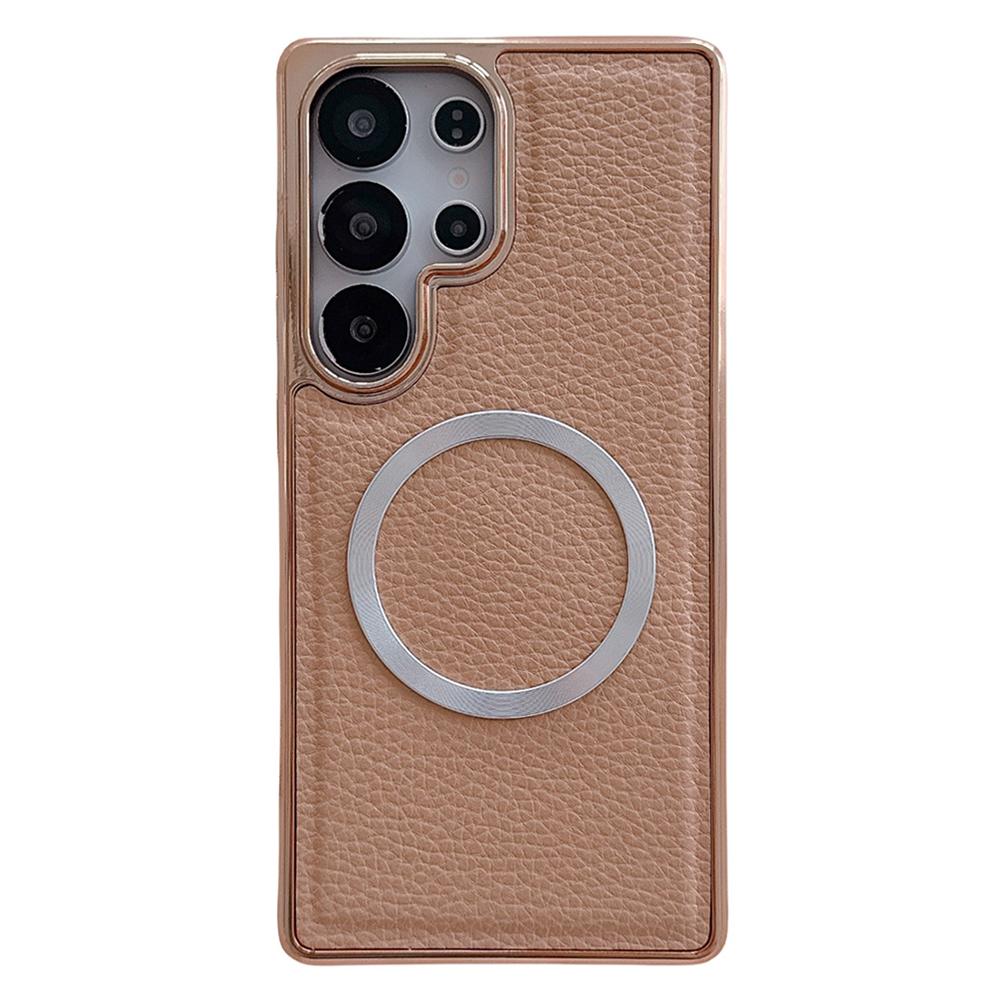 For Samsung Galaxy S24 Ultra Magnetic Case Electroplating Litchi Texture PU TPU PC Phone Back Cover