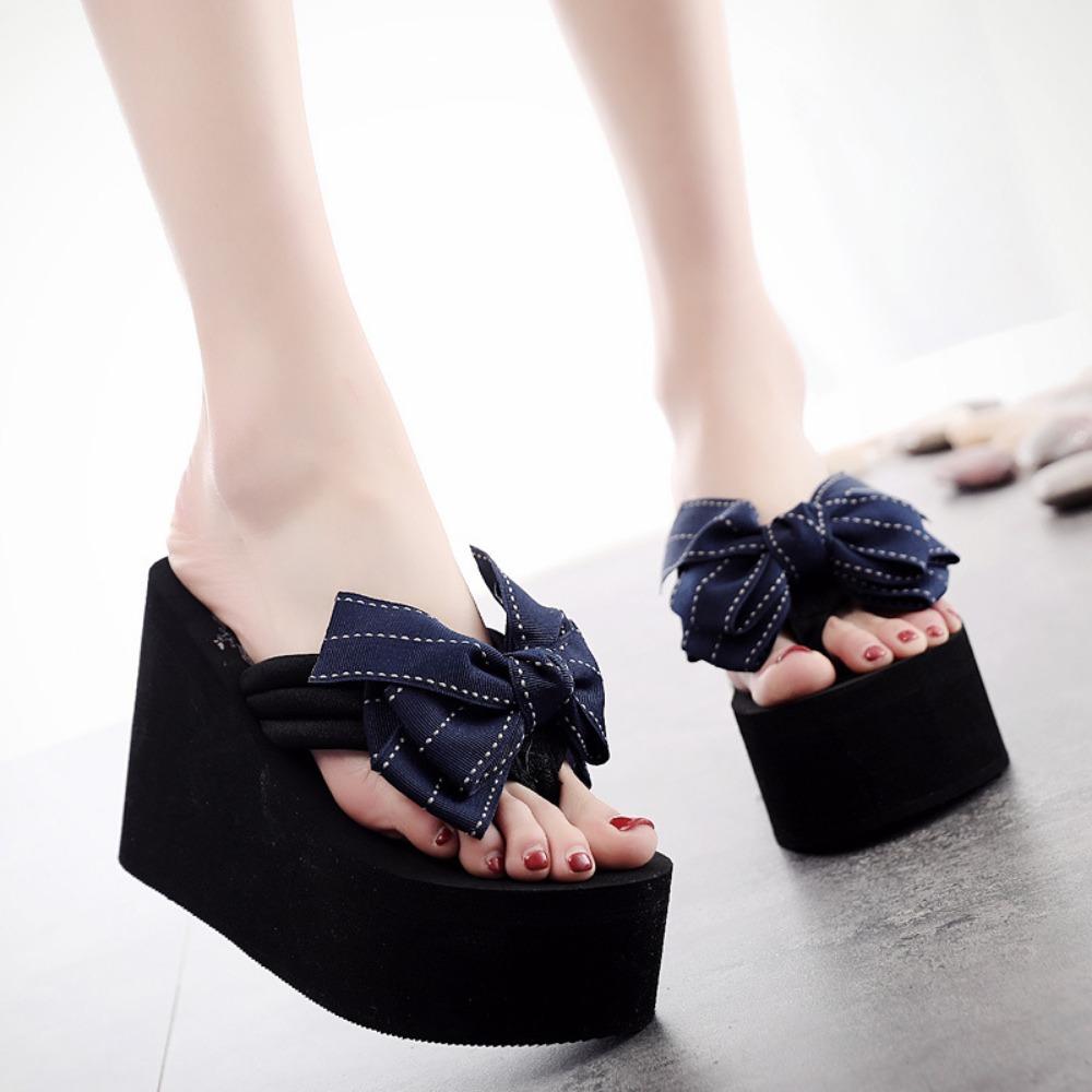 Women Slippers Outdoor New 11cm Super High Heel Beach Flip Flops Women Sandals Cute Fashion Bow Outer Wear Platform Slippers