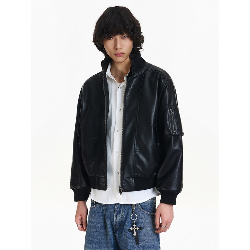 Blaexit Retro Yuppie Old Money Lychee Pattern Leather Jacket Men's Thickened Winter Quilted Short Cotton Jacket