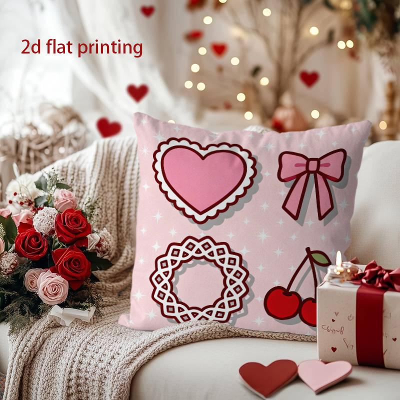 Heart, Bow & Cherry Decorative Pillow Cover Pattern Cushion Cover Suitable for Sofa Bedroom Car Pillow Cover