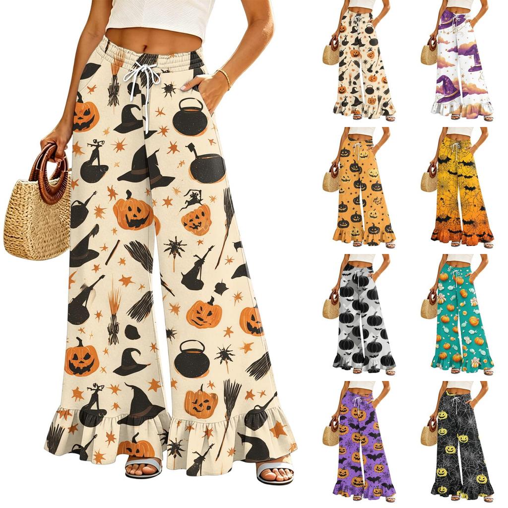 Women High Waist Drawstring Wide Leg Pants with Pockets Halloween Print Loose Fit Casual Long Trousers for Daily Wear