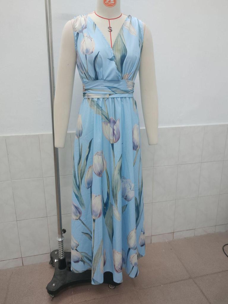 2026 Tulip Print Sleeveless V-Neck Long Evening Dress for Women