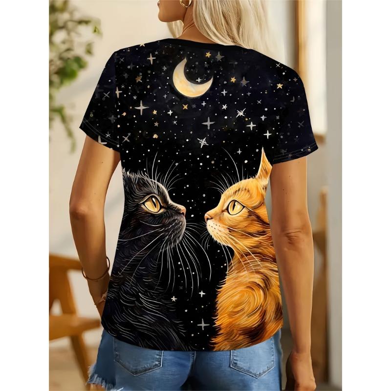 

2026 Hot Selling Fashionable Cats Gazing At Each Other Under The Starry Sky 3D Printed Men s and Women s Street Wear T-shirts 6XL