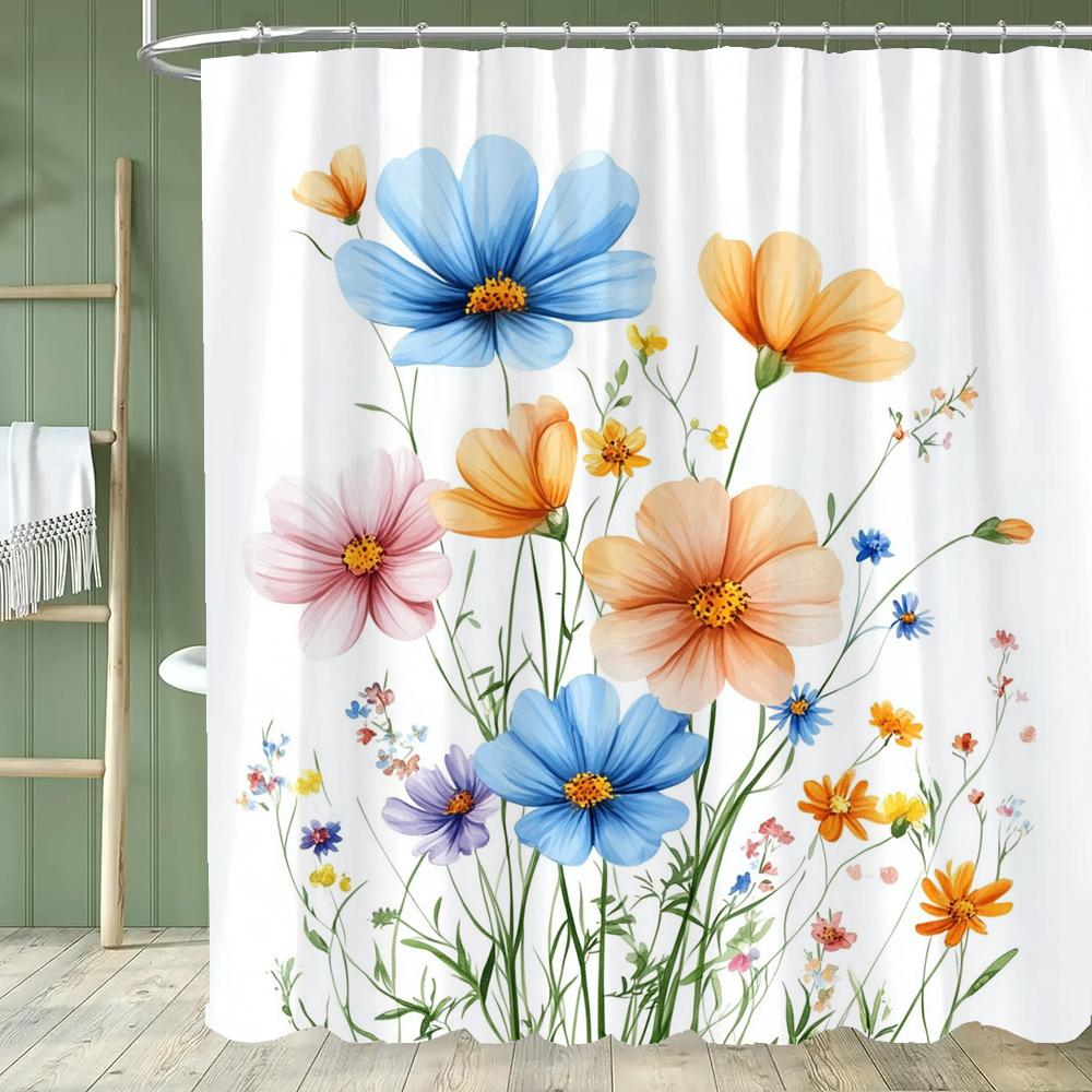 1PC Blue Flowers and Butterflies Shower Curtain,  Floral and Leaf Bathroom Decorative Curtain,Polyester Home Curtain with Hooks