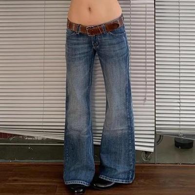 American Retro High Street Spicy Girls Low Waist Jeans Women Vintage Y2k Harajuku Baggy Solid Slim Denim Flared Pants