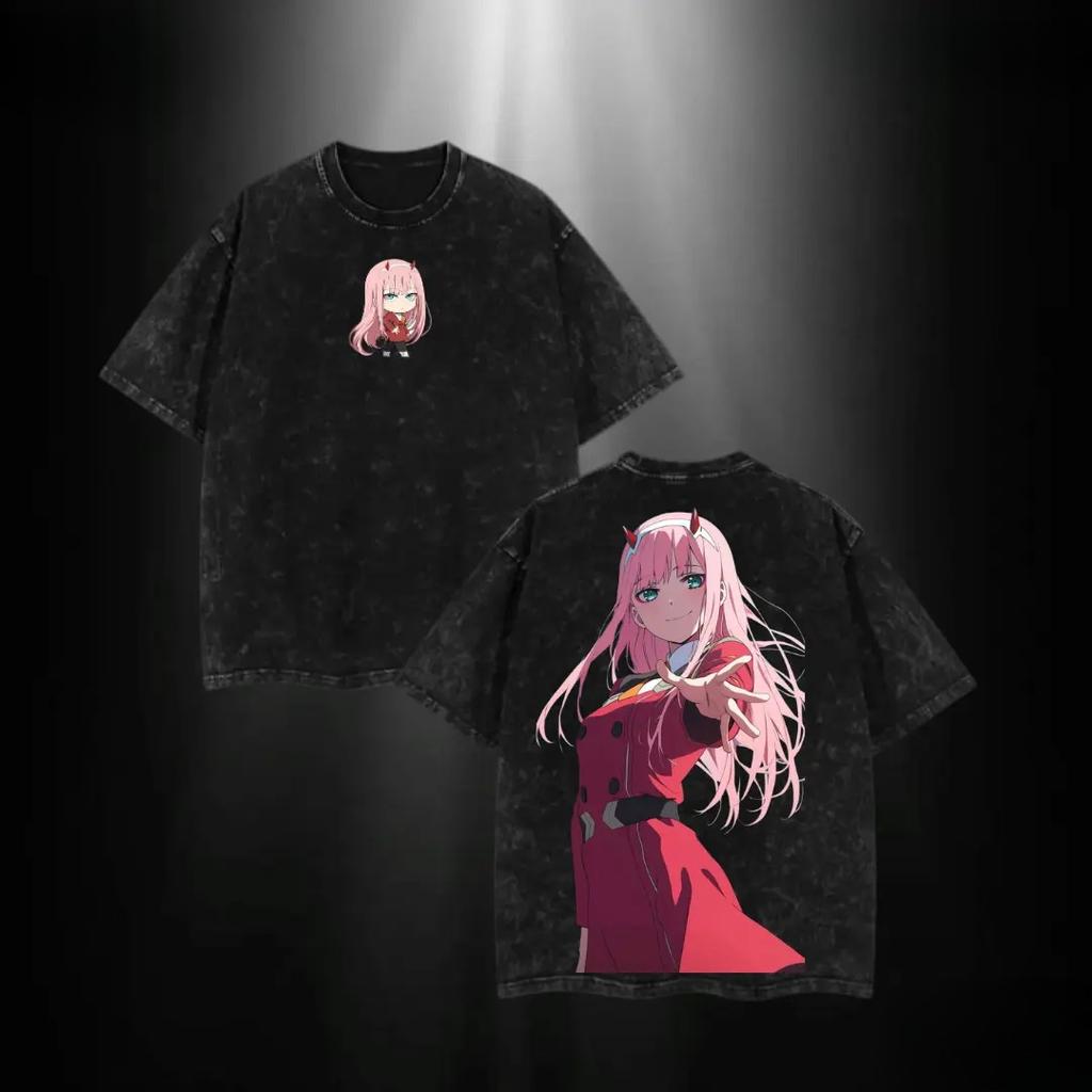Anime DARLING In The FRANXX Zero Two Kawaii Printed Tee Men Women Short Sleeve Cotton Tshirts Retro Washed T-shirt Male T Shirt