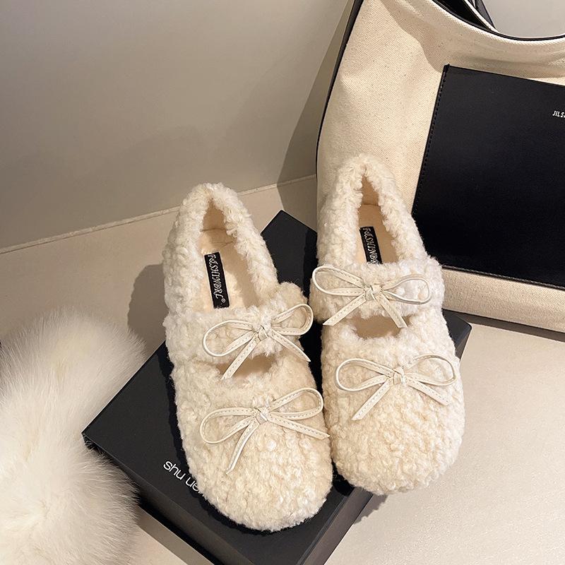 Sweet Fluffy Shoes Women's 2025 Autumn and Winter New Outer Wear Velvet Warm Bow Flat Bottom Word with Doudou Cotton Shoes