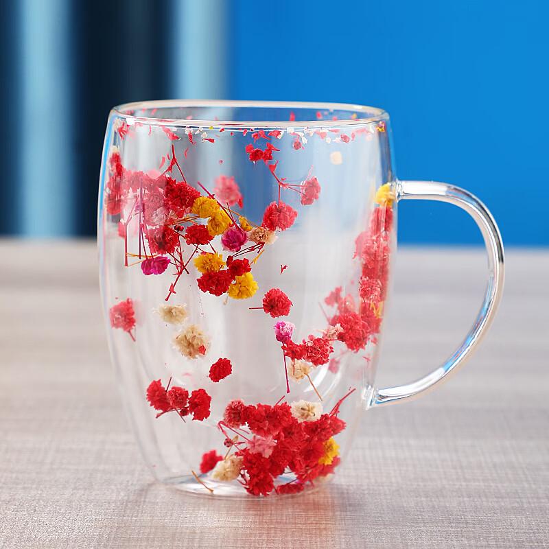 Elegant Double-Layer Glass Mug with Real Dried Flowers