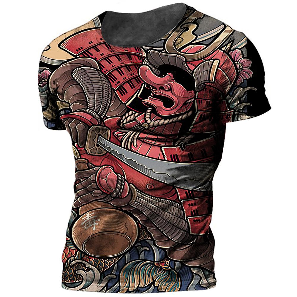 Japan Samurai Print Men's T Shirt Summer O-neck Oversized Tees Casual Short Sleeved Pullover Tops 2024 New Punk Cool Streetwear