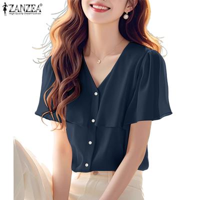 Women Casual V-Neck Loose Summer Short Sleeve Blouse